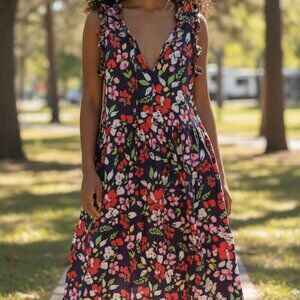 Maggy London Navy Floral Dress Ruffled Sleeveless Pockets Sz 10